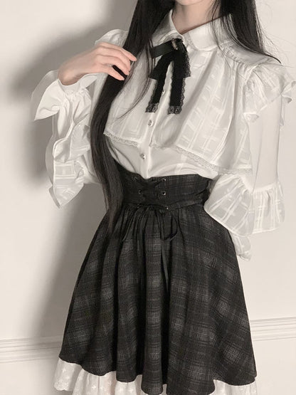 Bow High-Waisted Blouse + White Decor Kei Black Ruffle - Lace Skirt Plaid with Set Jirai