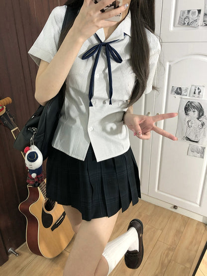 Short Sleeves Preppy Style Uniform Shirt Blue/Gray/Green Striped JK Pattern