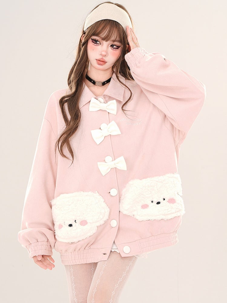 Pink/White Plush Puppy Pockets Polo Collar Jacket