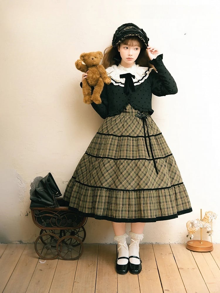 and Coat Ruffled Lolita Polka-dot Black Detail Lace Neckline Bow with White