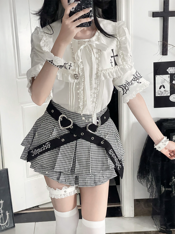 Front with Trimmed Short Tie Gothic Ruffle Bow Sleeve Eyelet Top Lacing White Metal Back