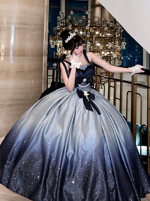 きらめく星空の夜空グラデーションブルーのゴージャスなバースデードレス、プロムドレス