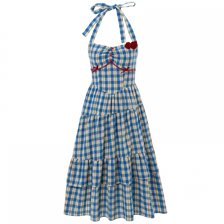 Blaues Allover-Neckholder-Kleid mit Blumendruck und kariertem Halsausschnitt, süß