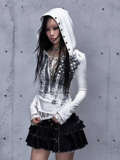 Off-white Two-piece V-Neck Print Hooded Lace Long Top Star Sleeve Slim-fitting Panel -