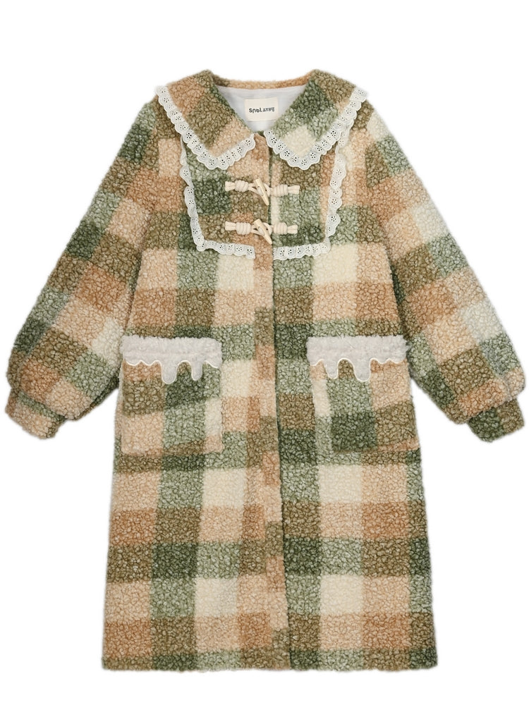 Grüner karierter Fleecemantel mit Polokragen und Spitzenbesatz