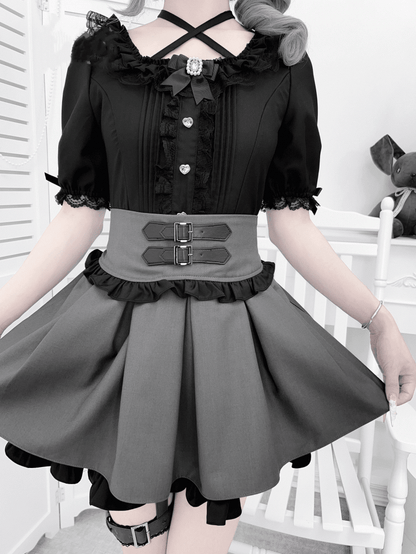 Gray Jirai Kei Double and Layers Skirt in Black with Double Buckle Straps  Garter
