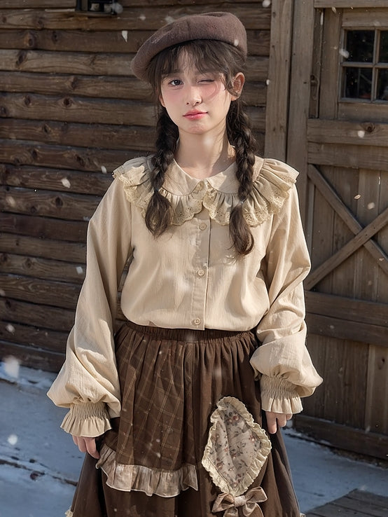 Light Coffee Peter Pan Collar Balloon Sleeves Blouse Lace Trim