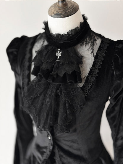 Black Embroidered Lace Blouse with Velvet V-Neck Coat and Layered Mermaid Skirt - DevilInspired Exclusive Collection