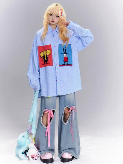 青い漫画動物のアップリケのストライプシャツ