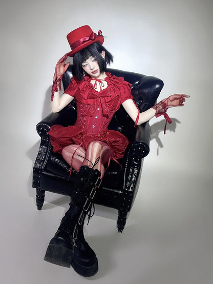 Waist Lolita Blouse Layered Ruffles Gothic Smocked Neckline Red with Elastic