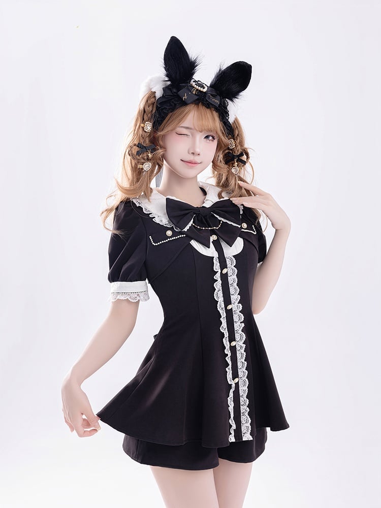 Shorts Bow Sleeve Set: Black Two-Piece Short Kei with Detachable and Jirai Faux Top Brooch