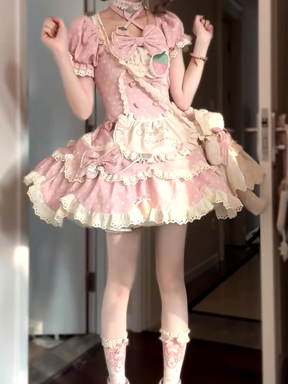 Polka Dress Bow with Details Sweet OP Strawberry and Dot Themed Pink Light Lace Lolita