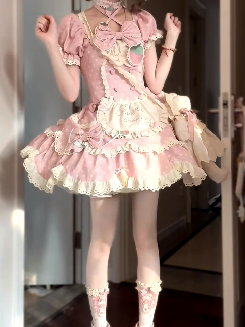 Dress Hairband Sweet Bow Lace Polka OP Themed Strawberry Full Bunny with Choker Details Bonnet + Set Dot Light and Pink Lolita Ear