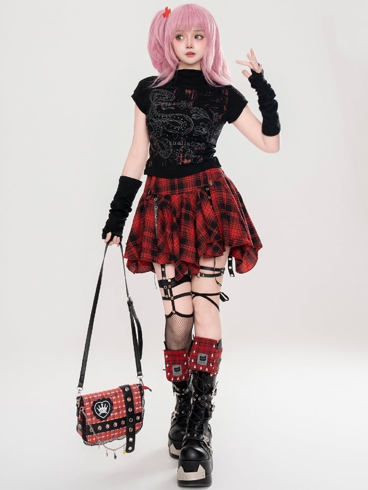 エッジの効いたY2Kカワイイスネーク柄ブラック/ライトグレーTシャツ（袖取り外し可能）