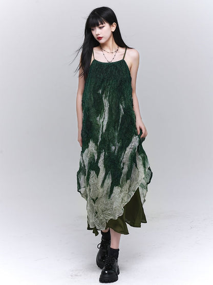 Gradient Green Asymmetrical Hem Ruffled Spaghetti Strap Dress
