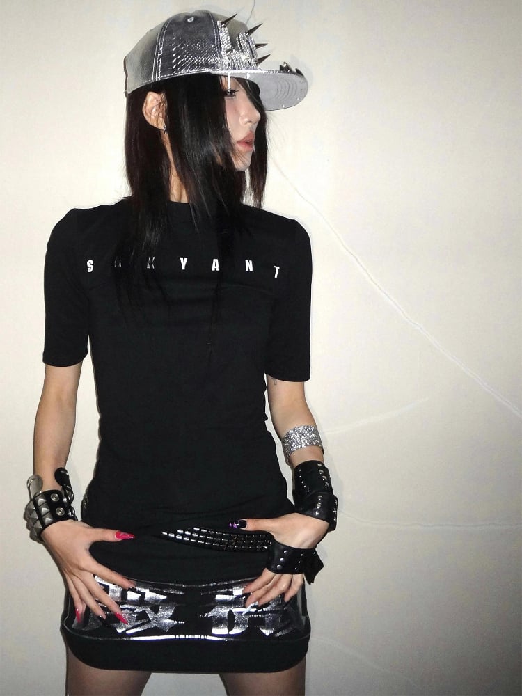 Letter Black Slim-fitting T-Shirt Print with