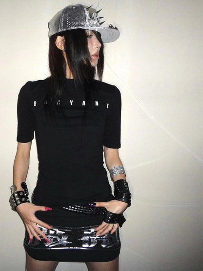 Letter Black Slim-fitting T-Shirt Print with