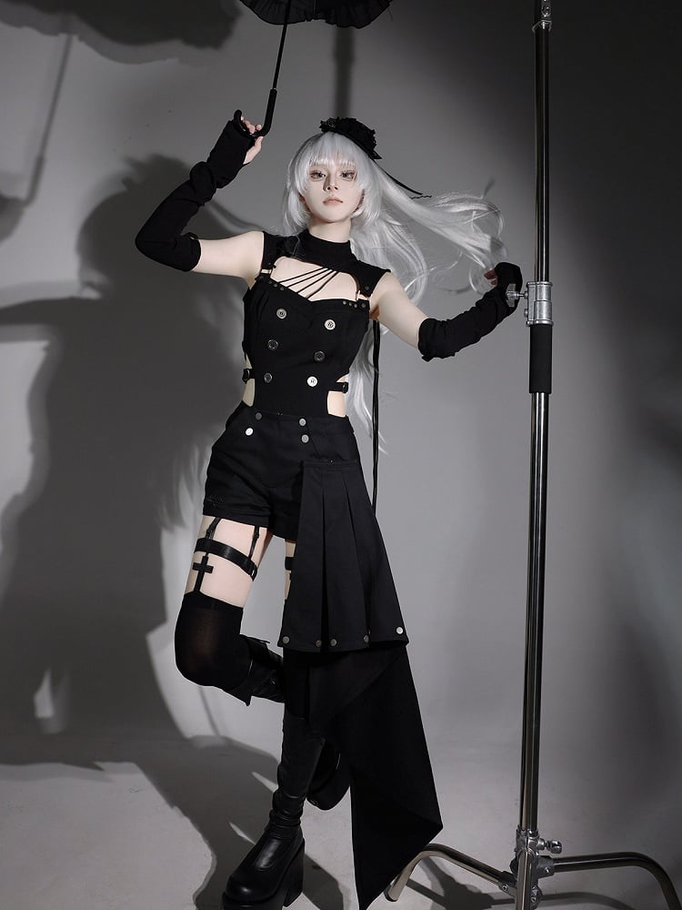 Gothic Lolita Black Top with Asymmetrical Design, Metal Buckle Detail, Shorts and Wrist Cuffs Set - Unknown Star