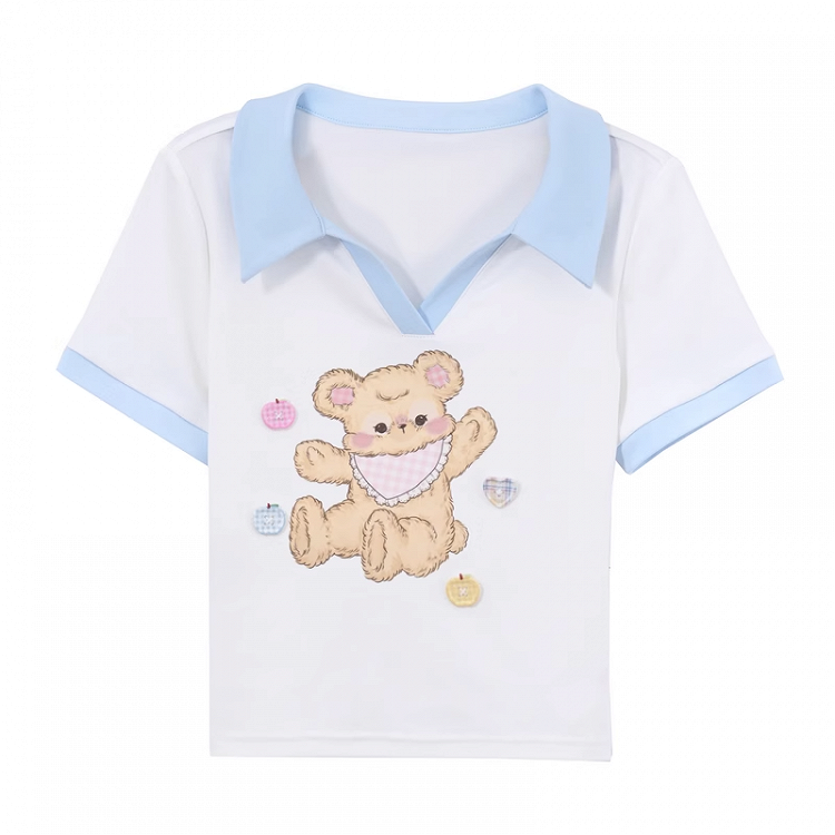 バージョンベアプリント アップル＆ハートボタン Tシャツ Vネック ホワイト ショート