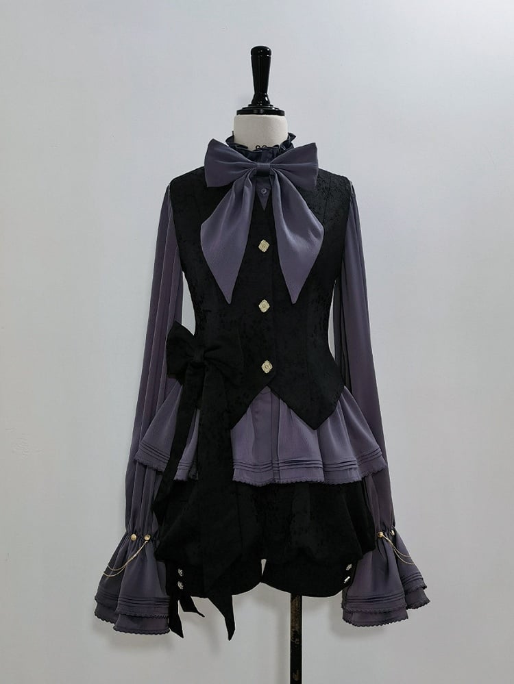 袖付きパープルネックラインのビショップ・ポエット・フリルブラウス