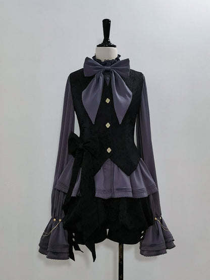 袖付きパープルネックラインのビショップ・ポエット・フリルブラウス