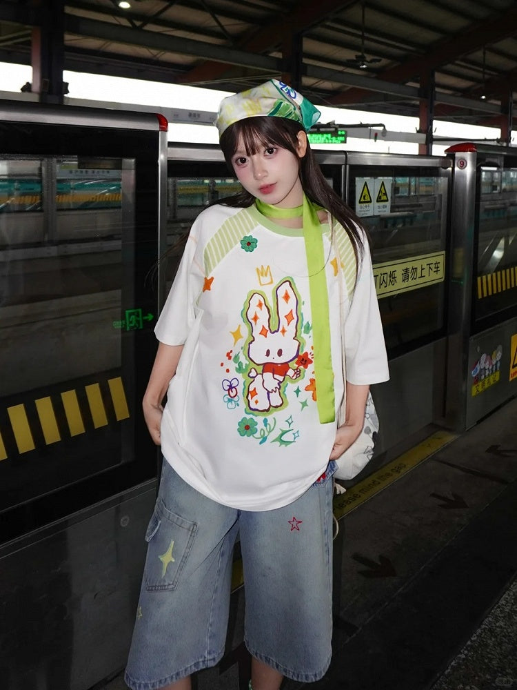 T-shirt White Round Neck Loose Cartoon Bunny Print