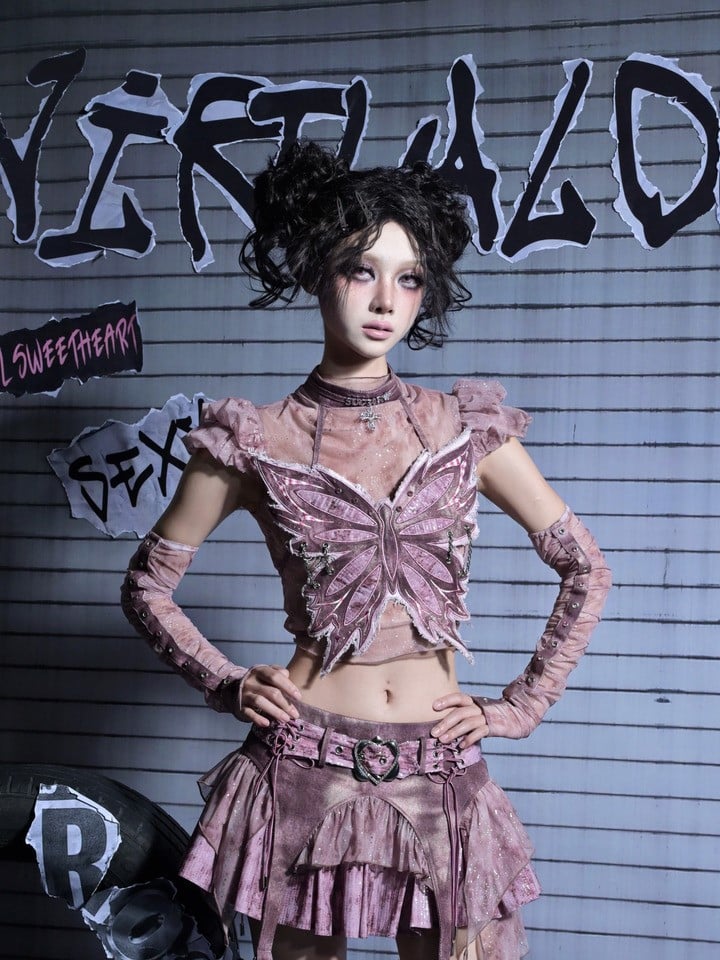 Hem Mini Pink Skirt Denim Belt Asymmetric Sequined Heart with Y2K Buckle Punk