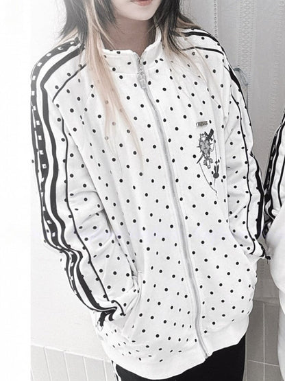 Printed Long-Sleeve Kei Jacket with Polka Jirai Decorations Stud Dot Casual White