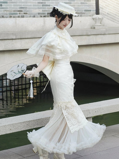 Jacquard Dress Set Panel Hem Lace Qi Full Slit Banded Butterfly Side Qipao Lolita Collar