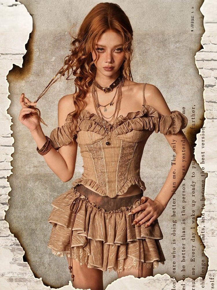Brown Chiffon Ruffle Skirt with Lace and Shorts - Virtual Orbit