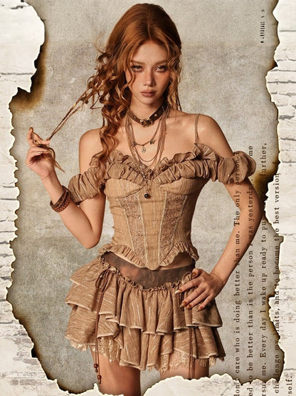 Brown Chiffon Ruffle Skirt with Lace and Shorts - Virtual Orbit