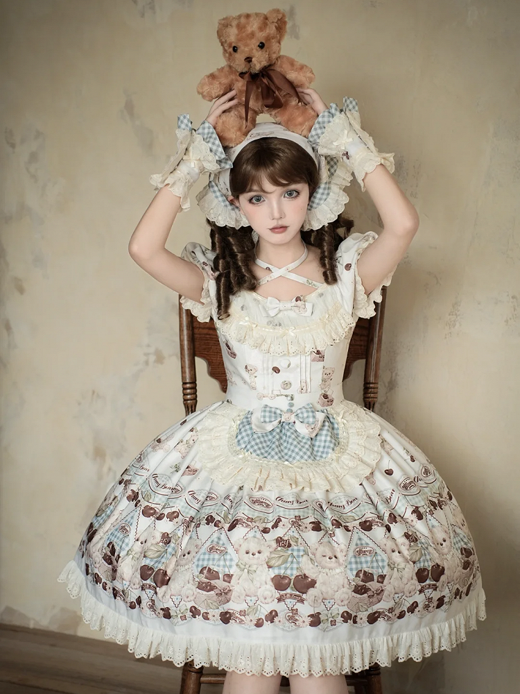 Teddy Sleeves and Short Sweet Lolita Dress White Cherry Print