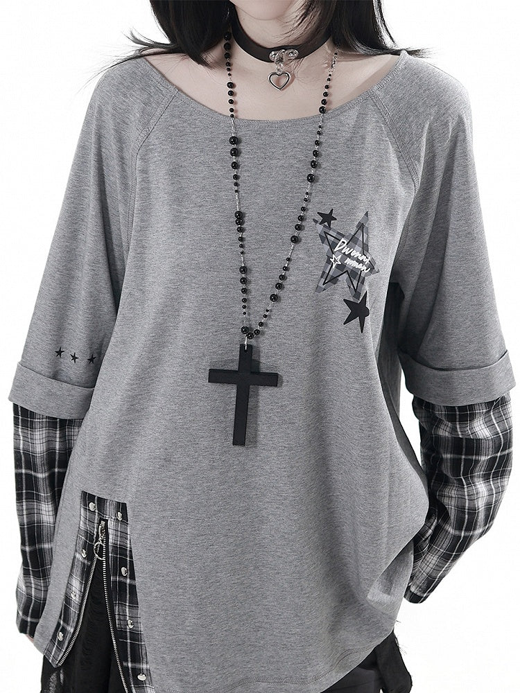 Detachable Grey Unisex Zipper Taste Studded Plaid Slit Aesthetic: with Oversized Sleeves Top