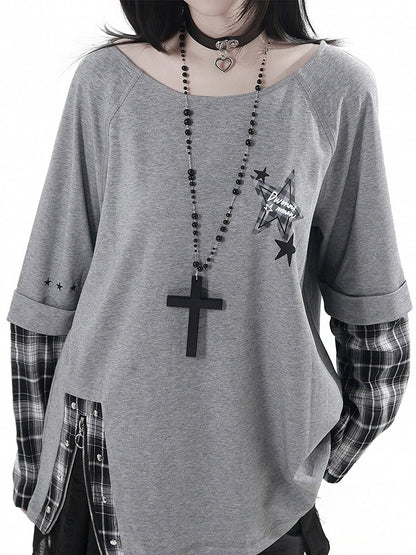 Detachable Grey Unisex Zipper Taste Studded Plaid Slit Aesthetic: with Oversized Sleeves Top