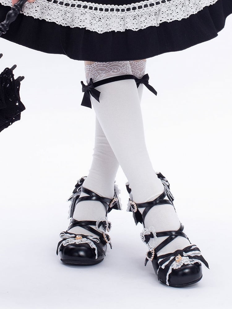 Riemen 2CM/5CM Schwarze Absätze Bowknot Herz Crisscross Schuhe Design Schnalle Süße Details Block Lolita