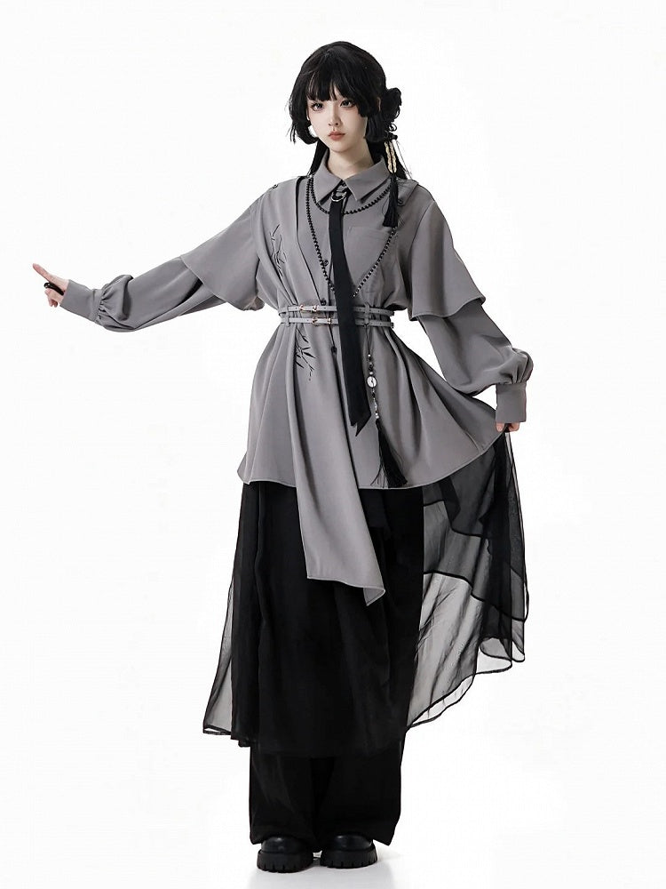 Shirt Shoulder Buckle and Embroidered Cape Detachable Cheongsam Style with Gray Bamboo Belt