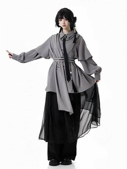 Shirt Shoulder Buckle and Embroidered Cape Detachable Cheongsam Style with Gray Bamboo Belt