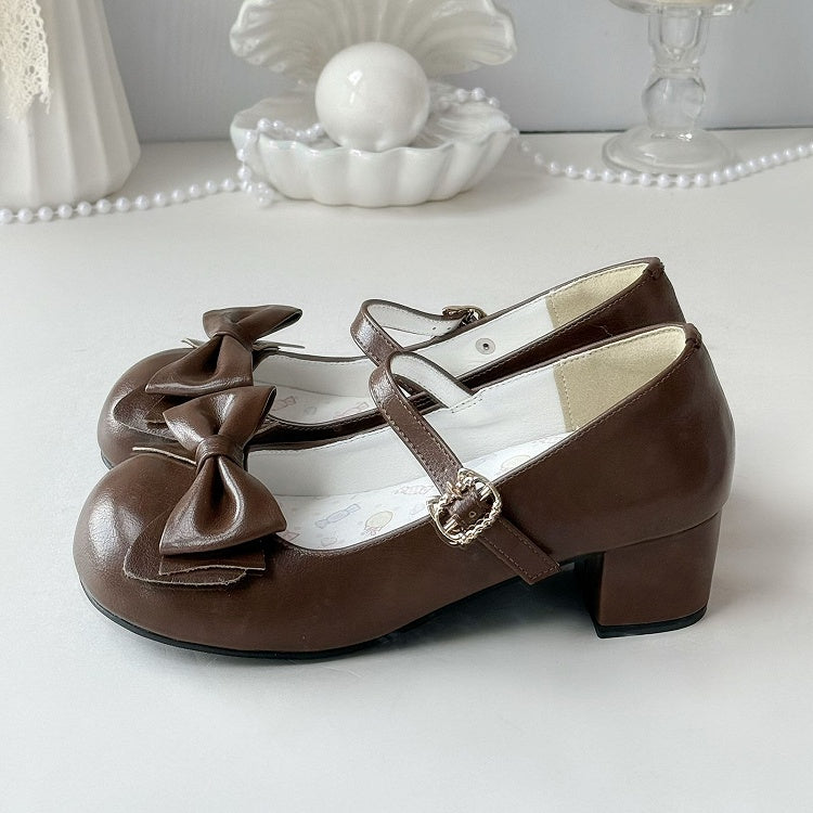Design with Fastener Mid-heel - Decorative Bow Kitty Toe Shoes Round Lolita Brown 4.5cm PU Sweet in