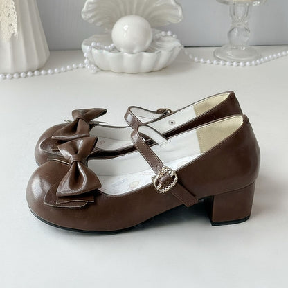 Design with Fastener Mid-heel - Decorative Bow Kitty Toe Shoes Round Lolita Brown 4.5cm PU Sweet in