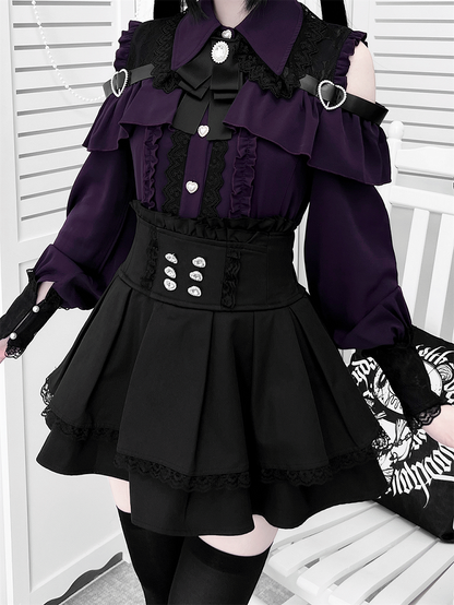 Shoulder Landmine with Blouse Buttons Cutout Blackish-Purple: Style in Heart Sweetheart Buckle