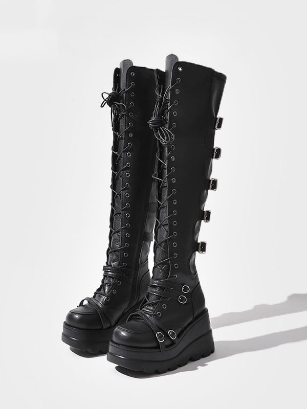 Thigh-high Black Lace-up Platform Closure Boots - Punk