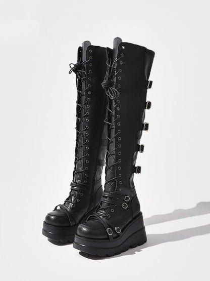 Thigh-high Black Lace-up Platform Closure Boots - Punk