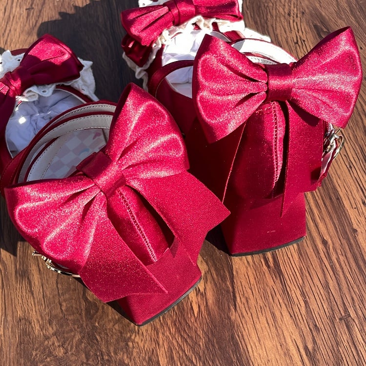 Wine Red Satin Hime Lolita Mary Janes with Lace Bow & Ice Cream Snap - LU XIAO MAN