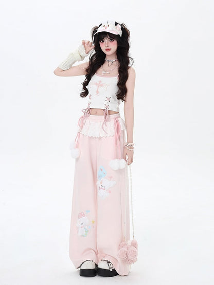 Pink with Pom-Pom Drawstrings and Puppy Embroidery Blue/Light Trim Light Gray/Light Wide-Leg Pants in Lace