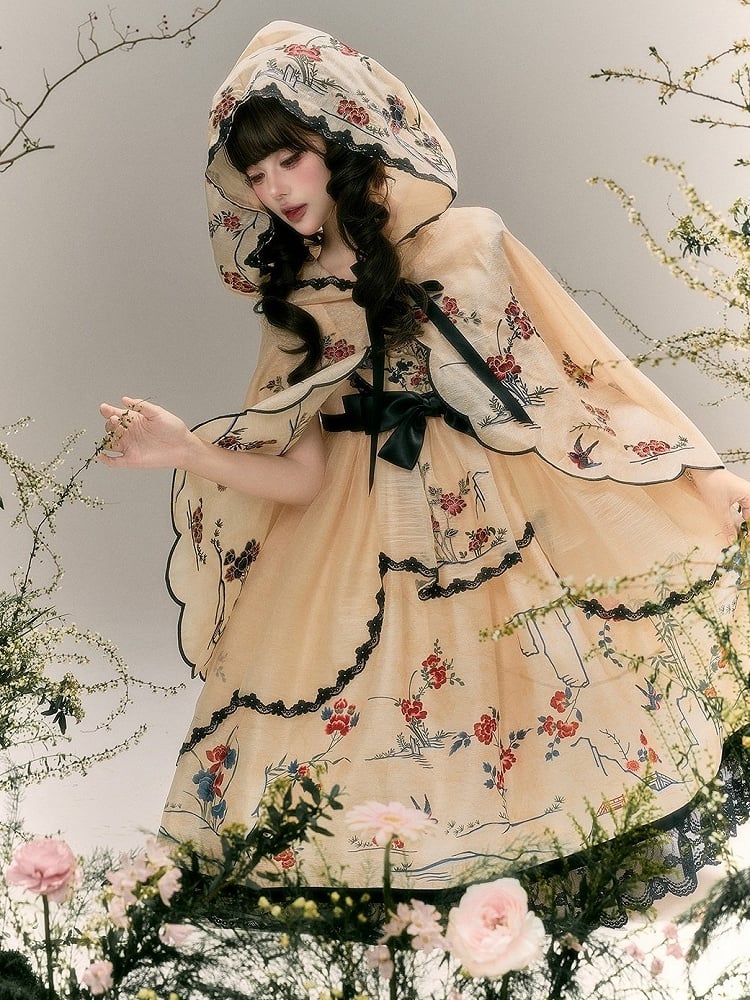 Hanfu Lolita Floral Bird Jumper Dress in Soft Yellow and Black - Yimu Walnut