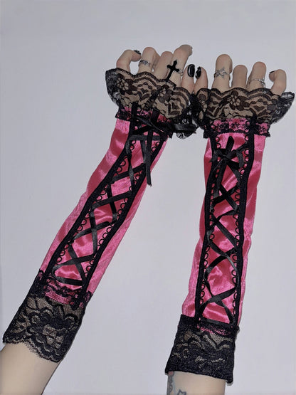Spitze Y2K Ärmel Schnürbesatz Pink/Schwarz/Lila/Rot Glamouröses Detail