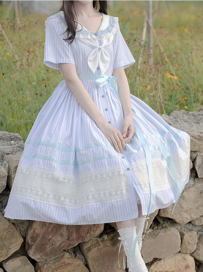 Sailor Muster Verfügbar Plus Blau Lolita Kleid Größen Meer Kragen Jacquard Sommer Gestreiften Shell