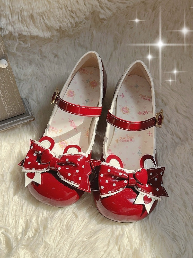Buckle Red - Mary Low Lolita Polka-dot with Janes Sweet Ear PU Bear Bow Heel Teddy