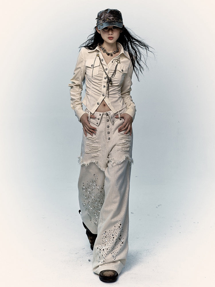 Aprikosenfarbene Distressed-Jeans mit weitem Bein und Strass