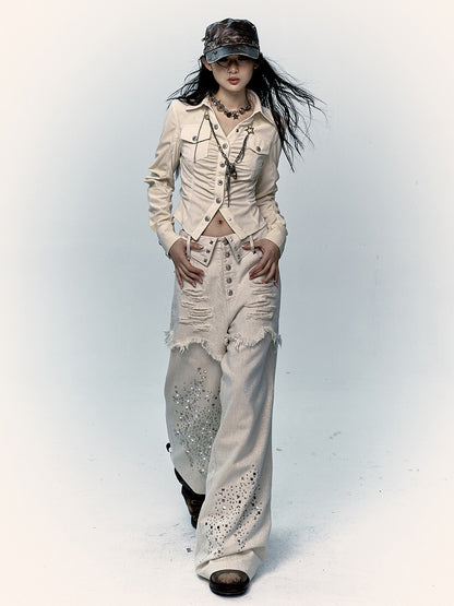 Aprikosenfarbene Distressed-Jeans mit weitem Bein und Strass